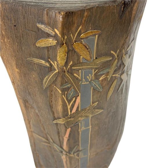 Asian Hand Carved Wood Brush Pot Vase Bamboo Painting 0792 - Picture 7 of 9